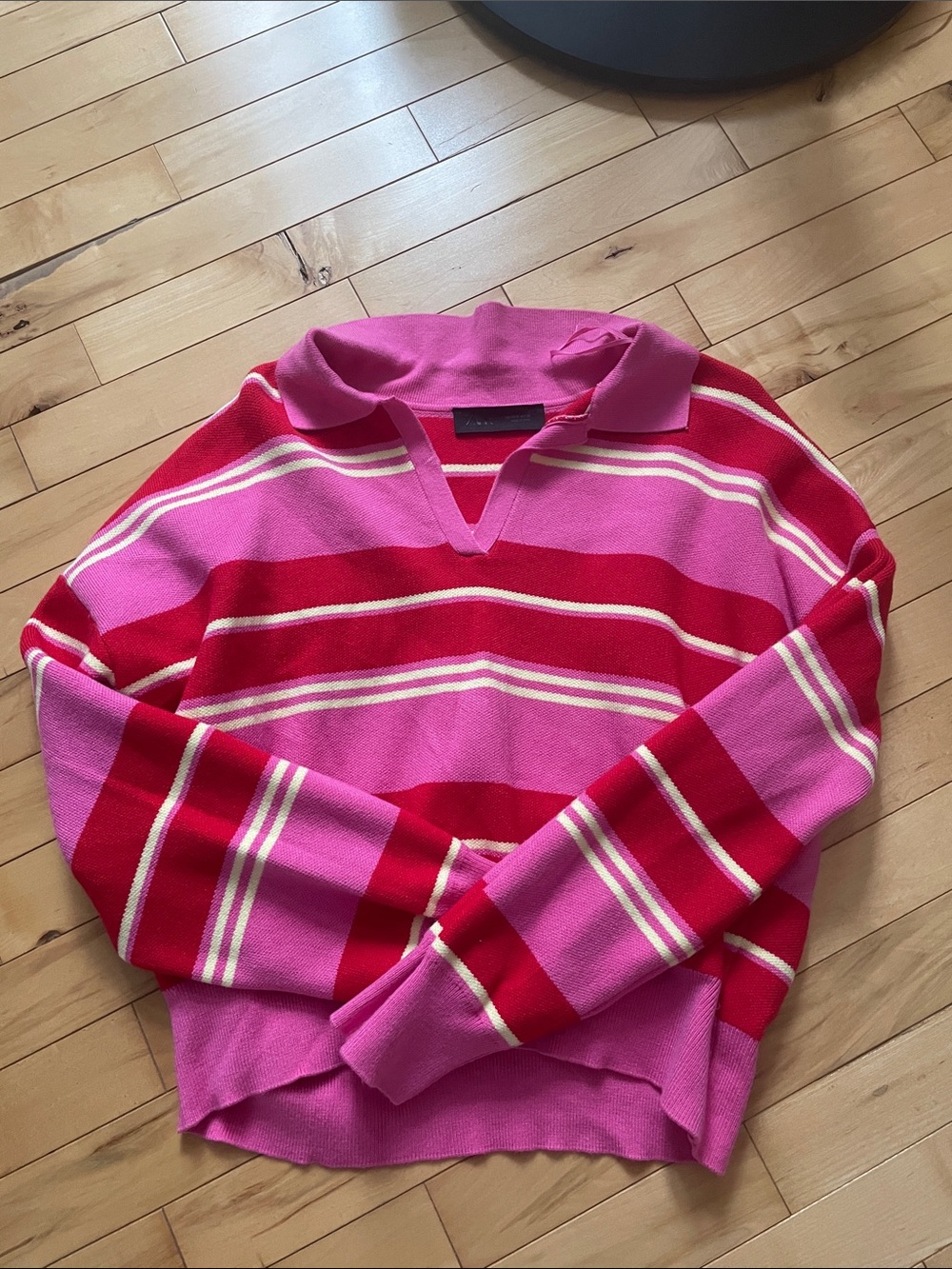 Zara Pink & Red Striped V-Neck Polo Sweater
